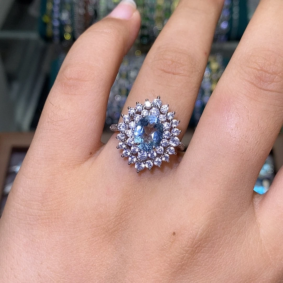 海蓝宝石戒指银S925镶嵌