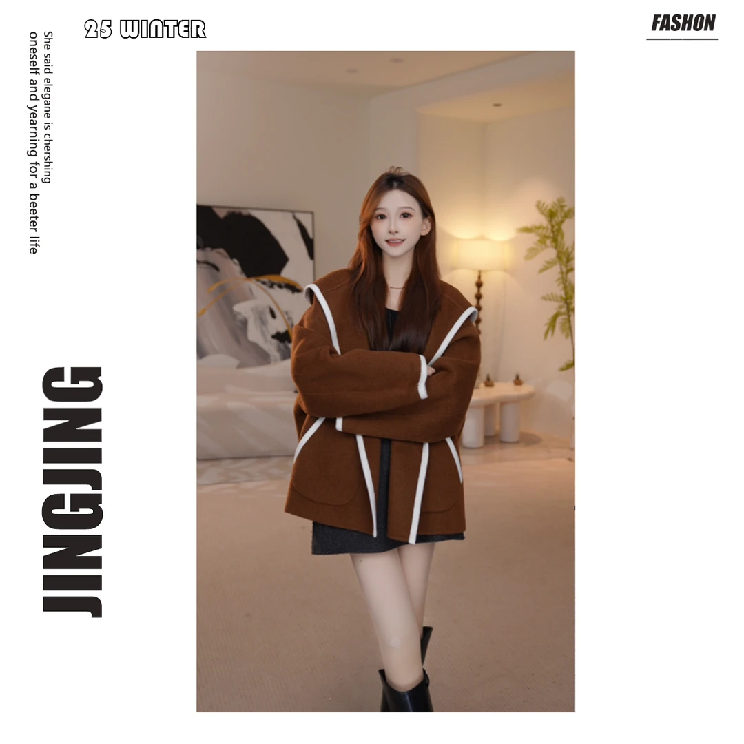 【婧婧】25年秋冬双面毛呢短款连帽外套女百搭休闲韩版大衣28D204