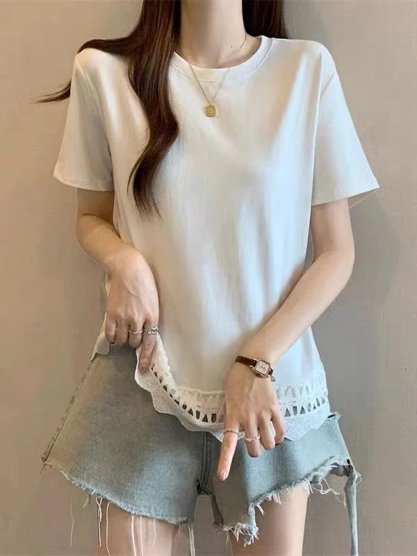 D094女装夏季净版蕾丝边短袖T恤1196