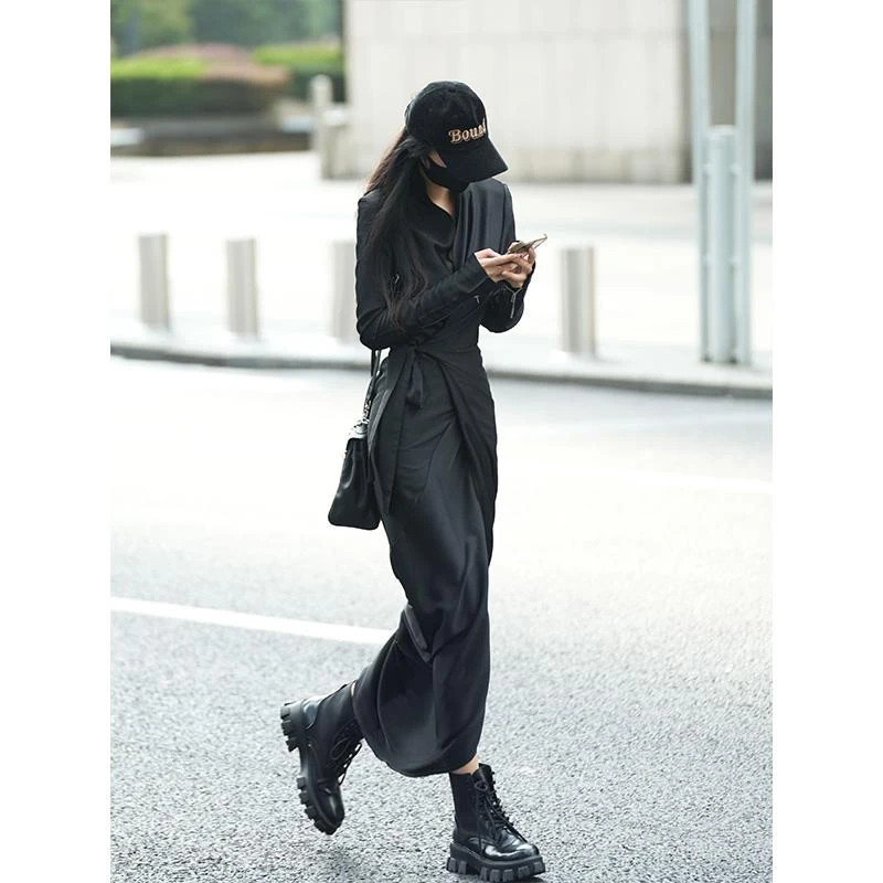 Luna7xi 黑色长袖一片式绑带衬衫连衣裙女秋款设计感裹身裙开叉裙