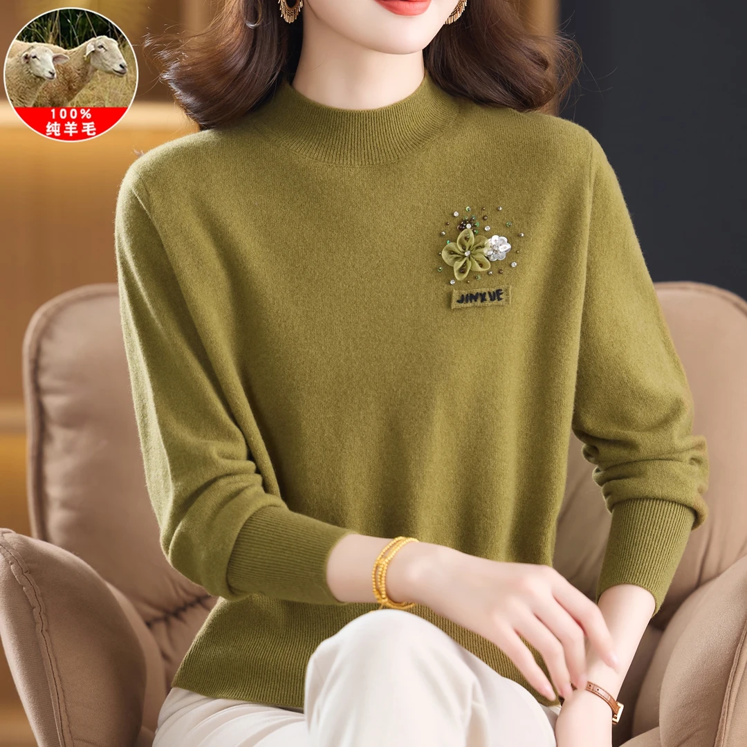 中老年女装半高领刺绣100%全羊毛衫毛衣妈妈装时尚针织打底衫上衣