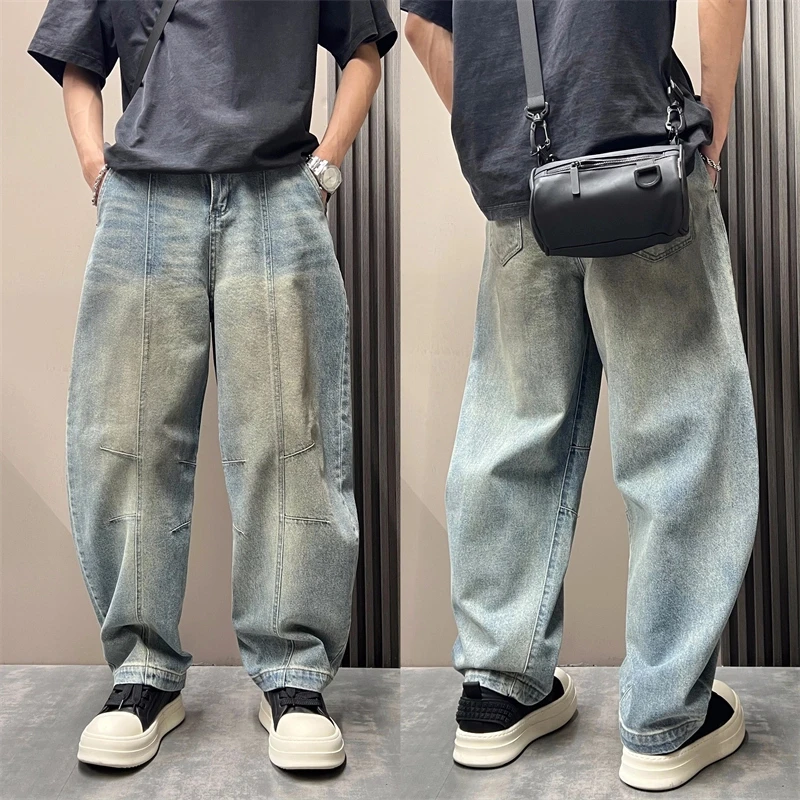 美式潮流春季新款设计感牛仔裤男做旧脏脏阔腿裤痞帅宽松牛仔裤