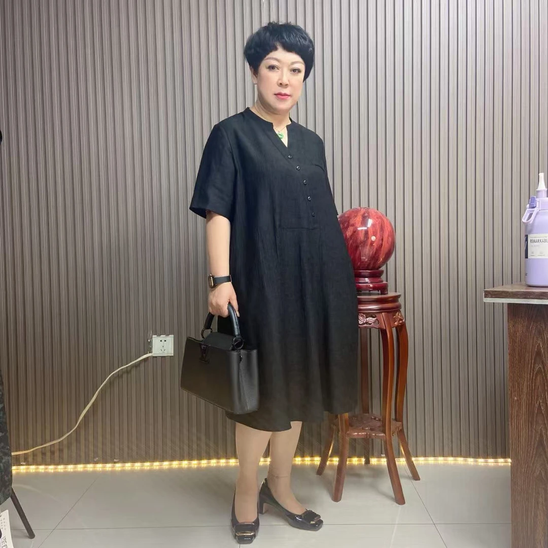 【雅洁服饰】7826夏季V领休闲宽松凉爽黑色女士连衣裙