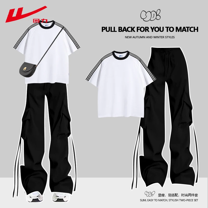 回力运动套装女夏季纯棉短袖T恤工装裤两件套夏装显瘦休闲跑步潮
