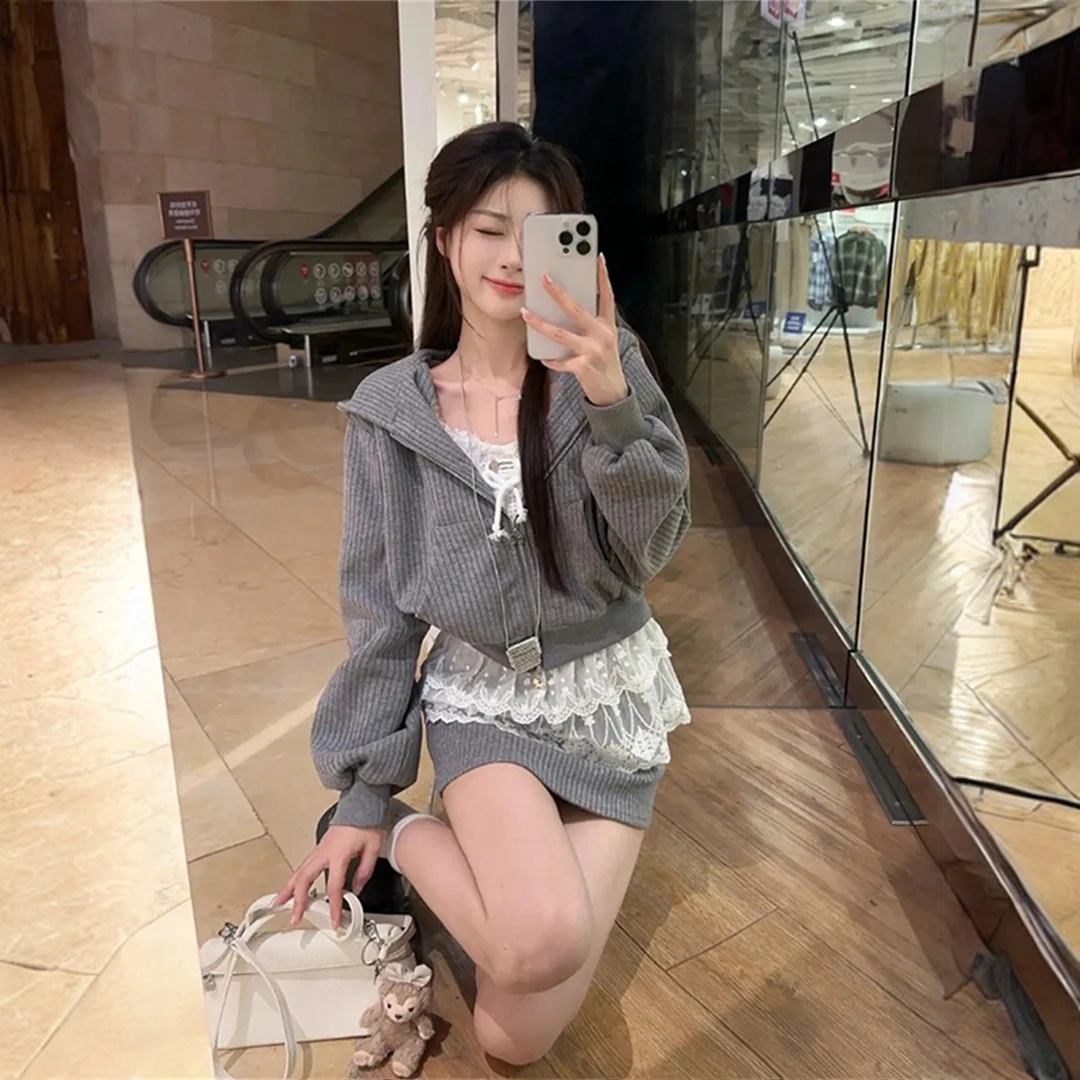 纯欲风显高瘦连帽卫衣外套半裙套装