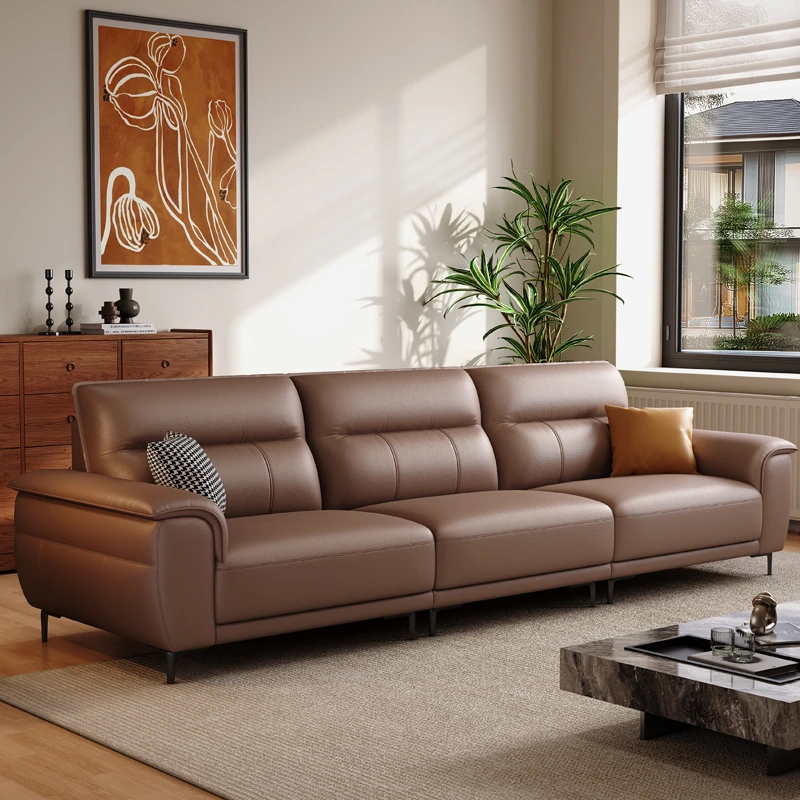 极简意式沙发头层牛皮高脚沙发客厅高靠背直排0靠墙大小户型