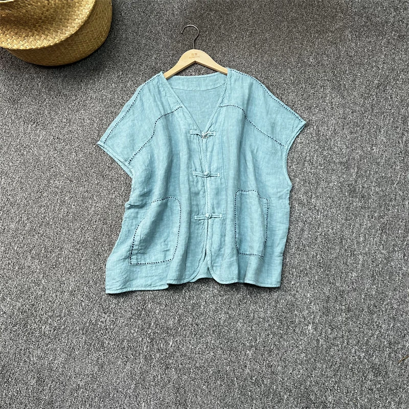 文艺亚麻手工刺绣对襟盘扣落肩袖V领坎肩夏季新款百搭简约女马甲