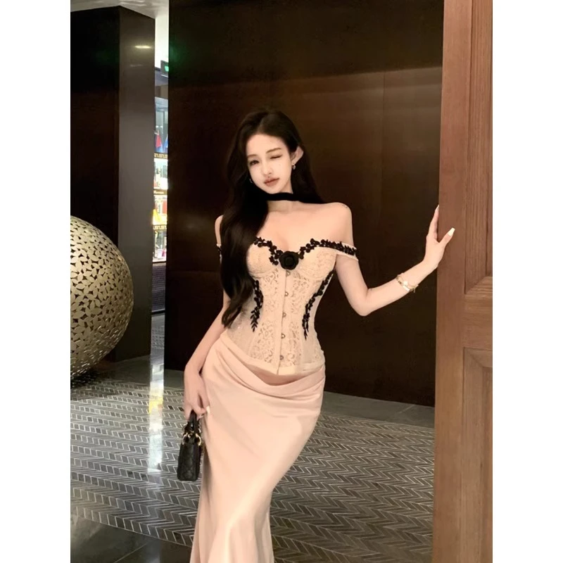 法式一字肩抹胸鱼骨吊带胸衣高级感礼服半身裙纯欲辣妹套装女背心