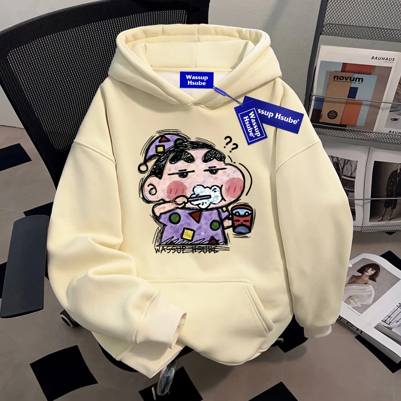 WASSUP HSUBE蜡笔小新趣味休闲卫衣秋季新款慵懒宽松套头连帽上衣