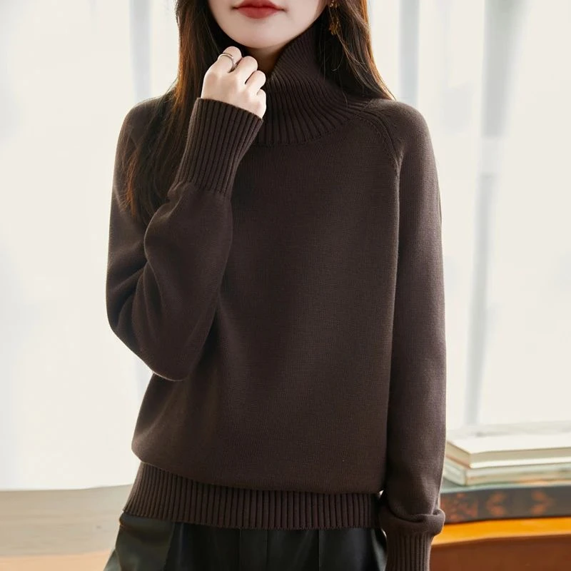 加厚高领100%棉针织衫女秋冬宽松显瘦百搭打底衫长袖毛衣