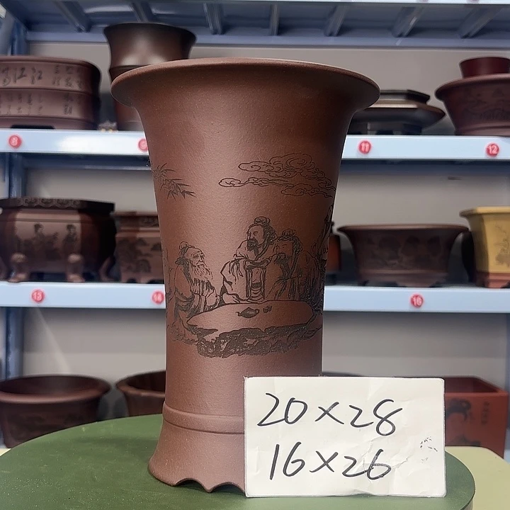 花盆紫砂刻绘竹林七贤