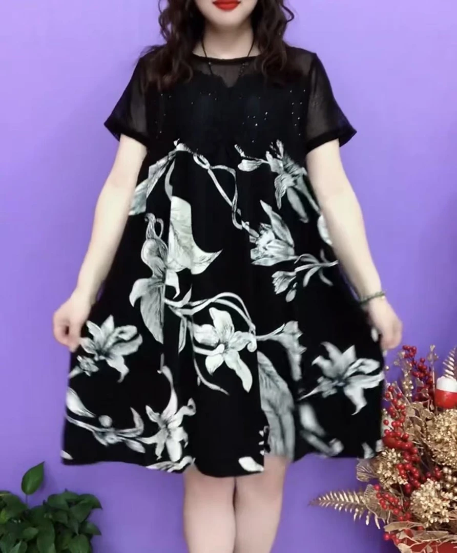 时尚气质清凉连衣裙2025夏季女新款圆领烫钻短袖拼接遮肚显瘦裙子