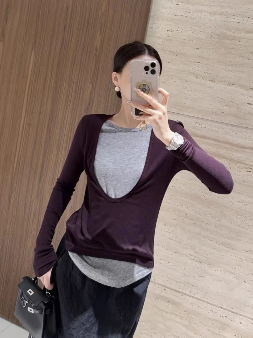 欧洲站早春女2025新款韩版洋气时尚女神打底衫假两件显瘦女上衣潮