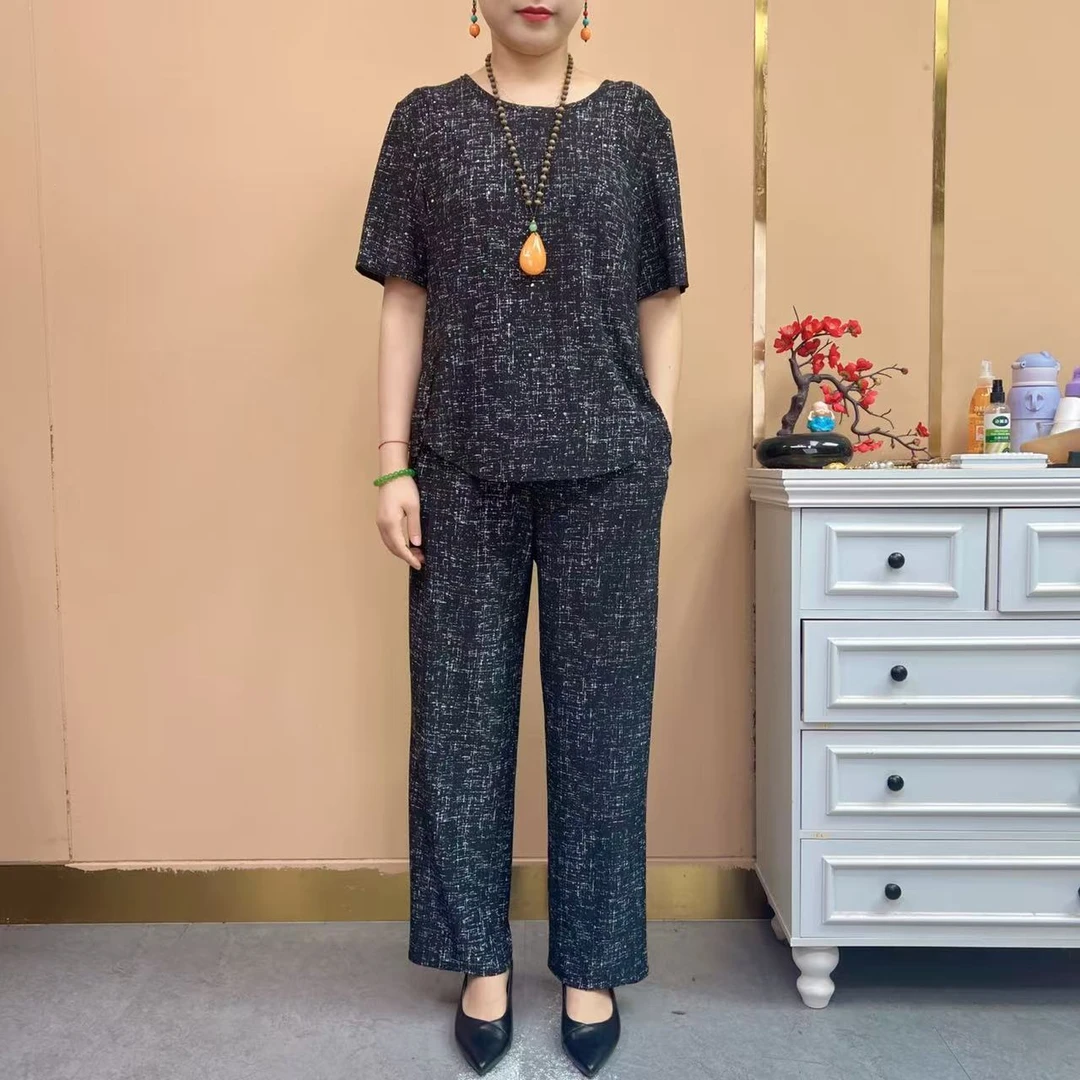 #8451时尚妈妈两件套夏新款薄款洋气宽松休闲遮肉减龄套装