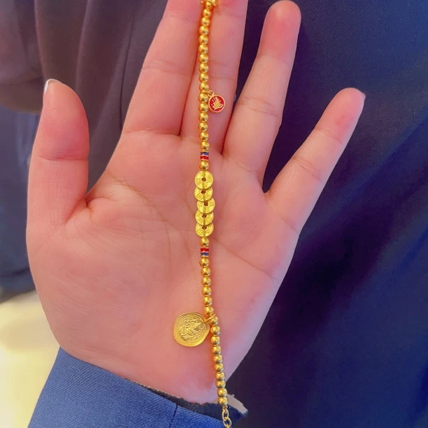 足金古法珐琅彩黄财神五帝钱手链