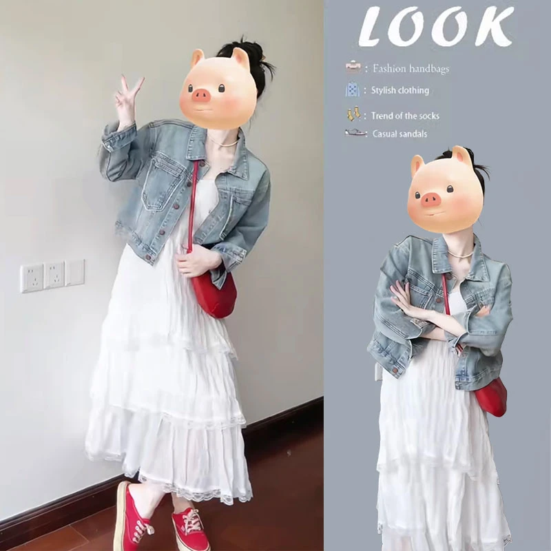 【现货】2025早秋新款韩系穿搭气质简约牛仔外套蕾丝吊带连衣裙套装