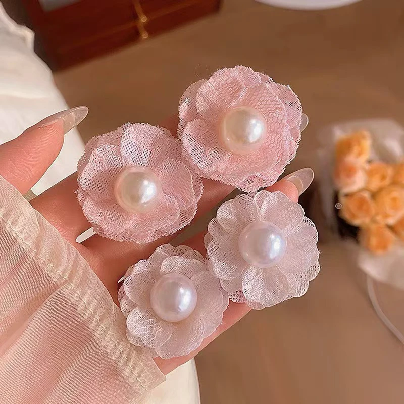 合金耳饰 夏日氛围感粉色大花朵珠珠耳钉温柔少女甜美耳饰ins