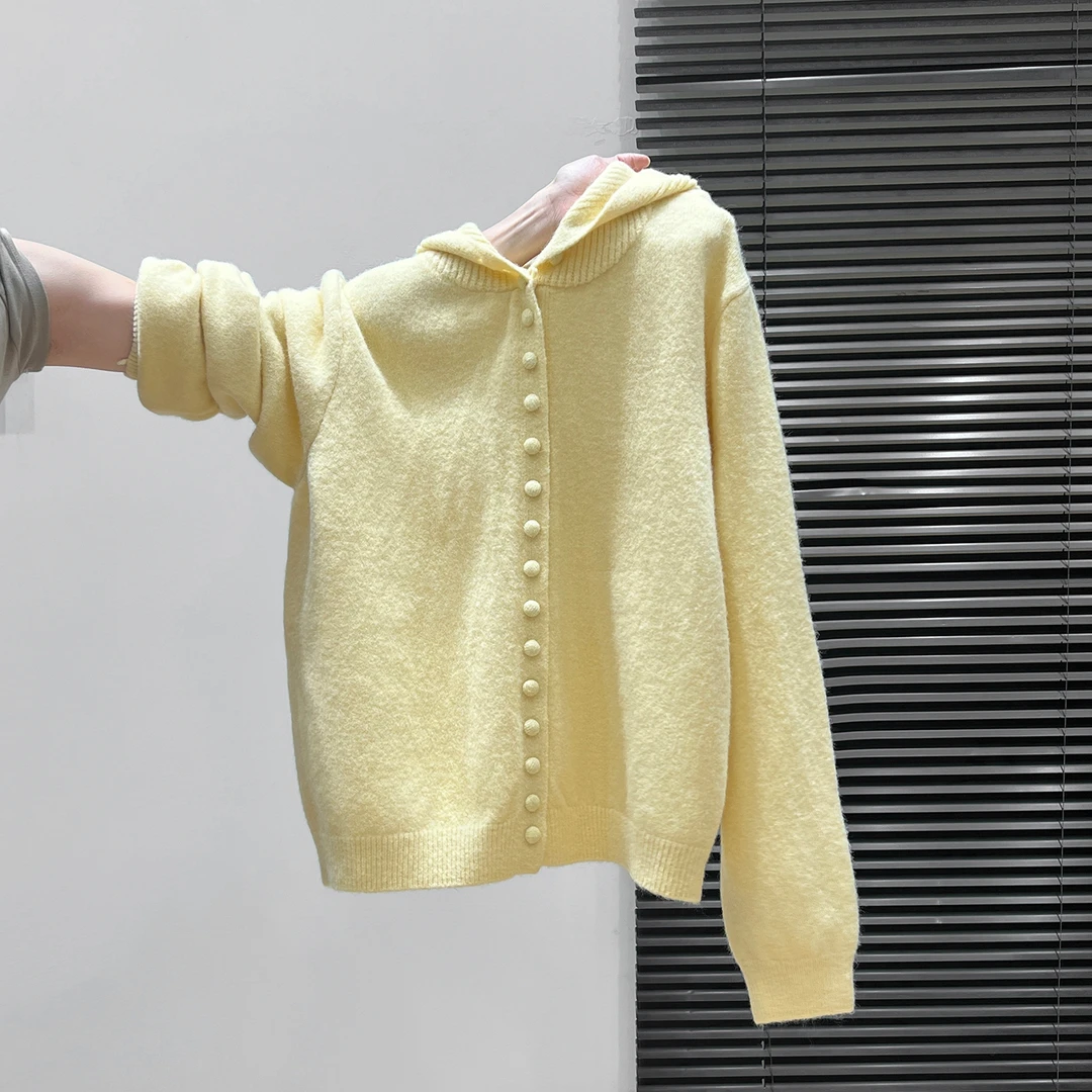 法式温柔风软糯连帽针织开衫毛衣女2025秋冬季宽松慵懒风减龄外套