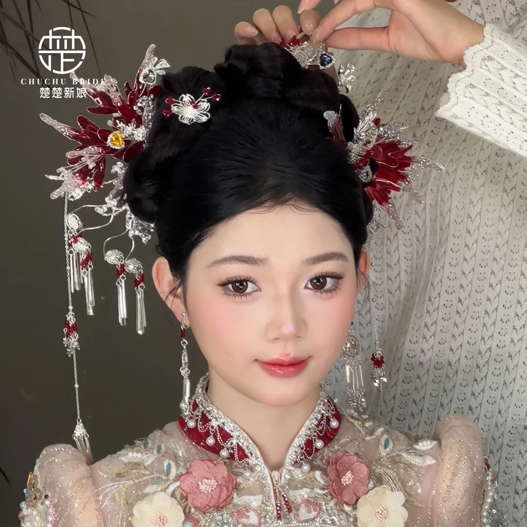 新中式头饰红银撞色发簪减龄发饰新娘秀禾服龙凤褂古典婚礼盘发饰