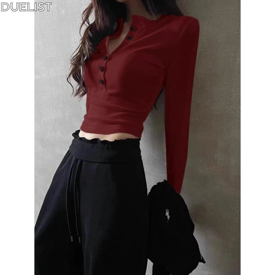 DUELIST酒红色右肩针织底衫时尚女款高底修身秋冬短款搭配T恤上衣