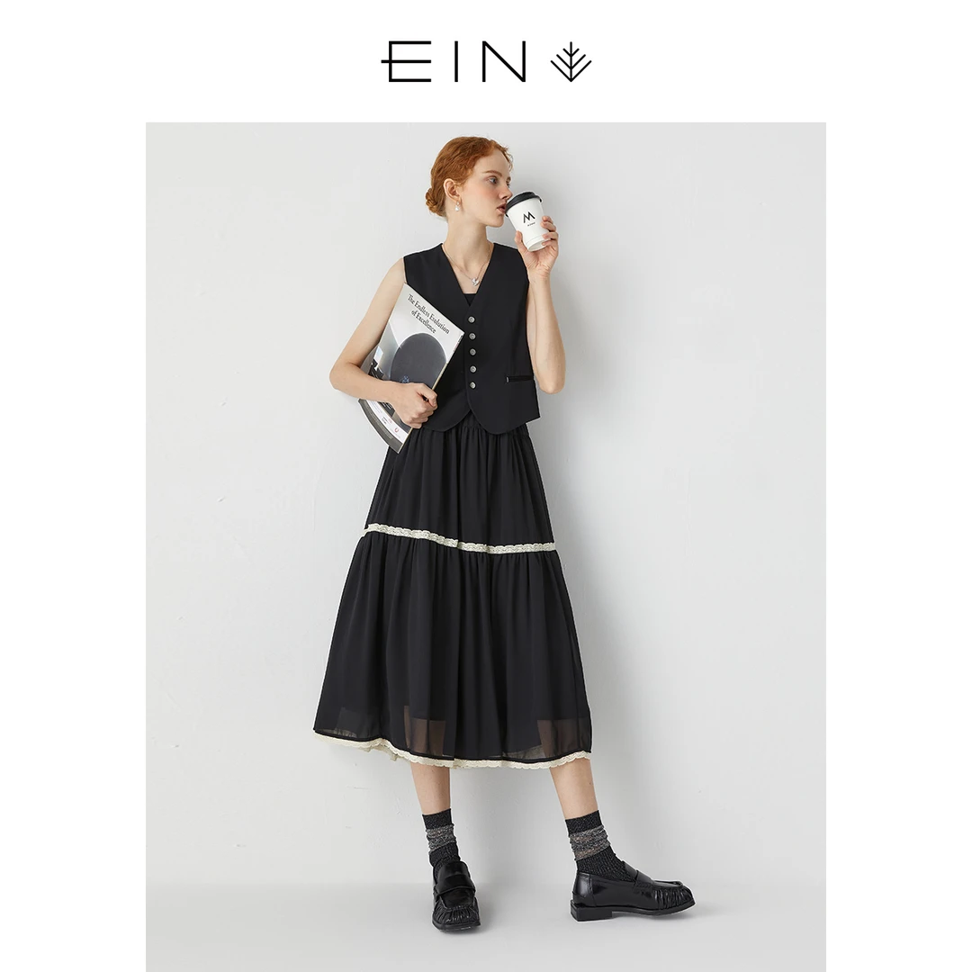 EIN/言经典小黑裙浪漫气质蕾丝拼接松紧A型半身裙