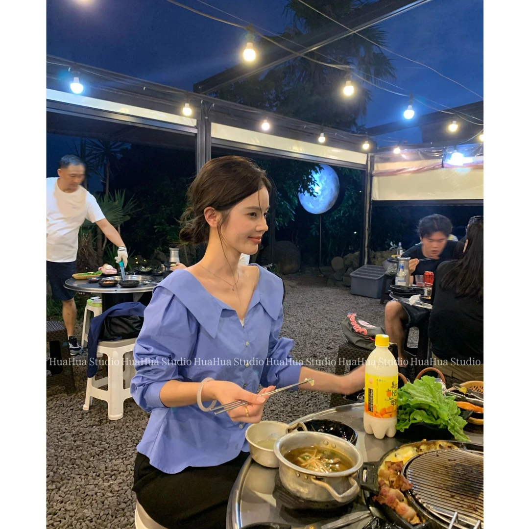 【花花】智性蓝调~韩代款100%棉纯色翻领掐腰设计感短款衬衫