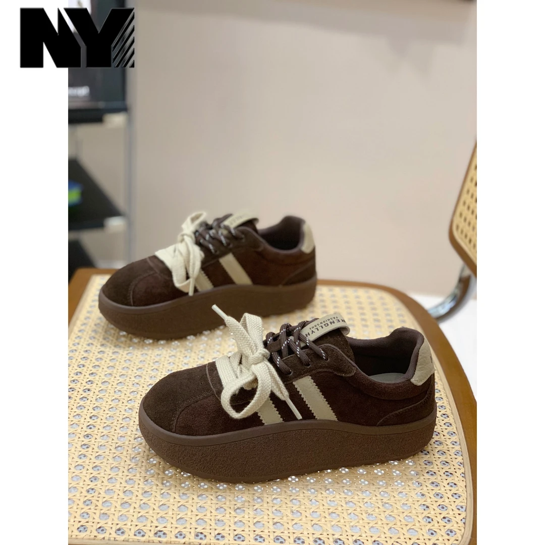 NY秋冬加绒保暖厚底摇摇鞋女2025爆款双鞋带复古绒面娃娃头德训鞋