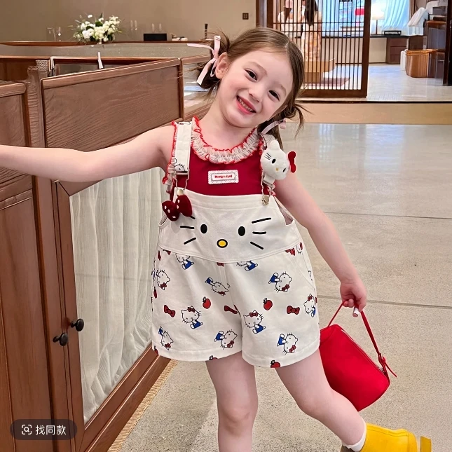 女童韩版背带裤夏季上衣宝宝kitty猫洋气可调节时尚连体短裤套装