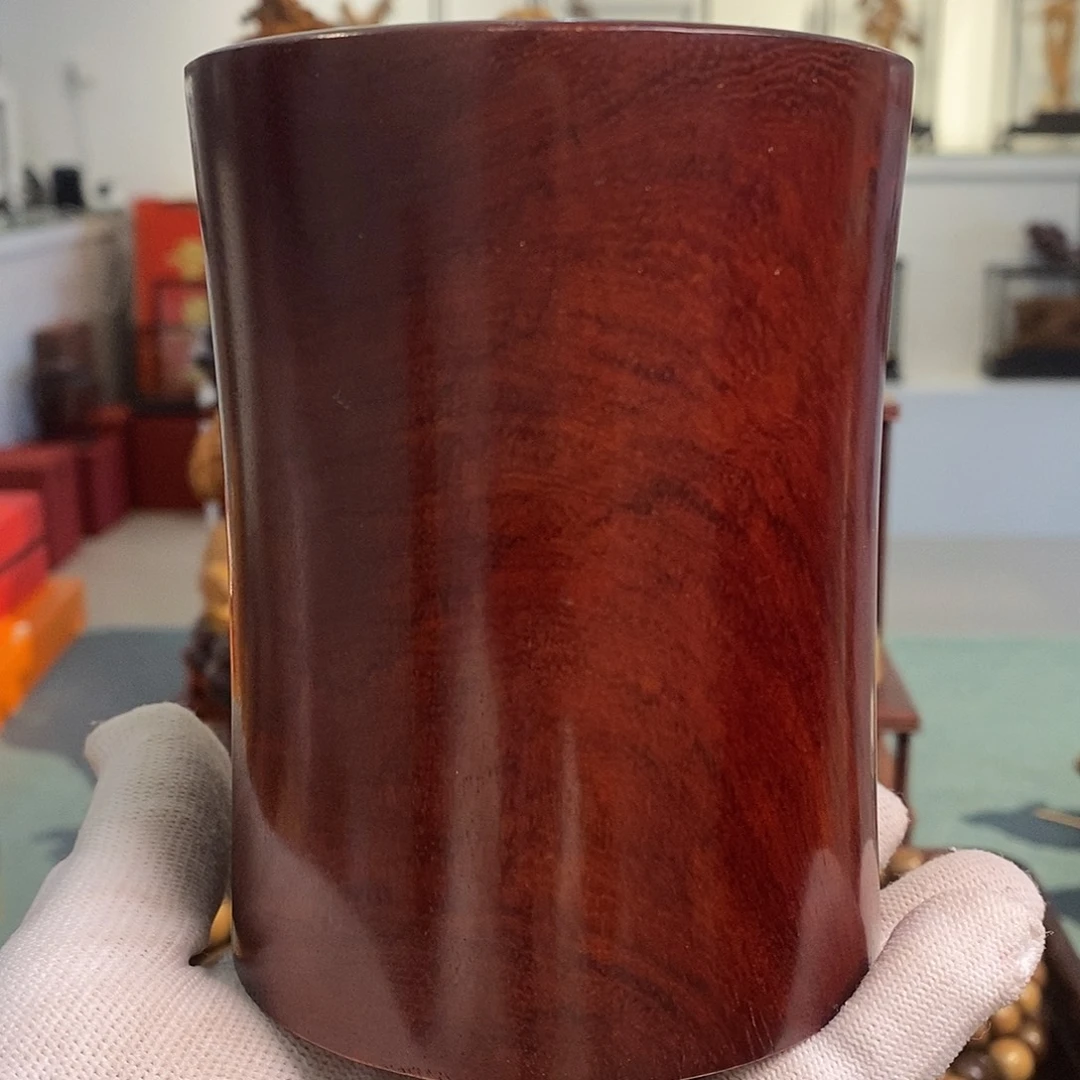 檀香木无事牌花梨笔筒摆件山水甲天下