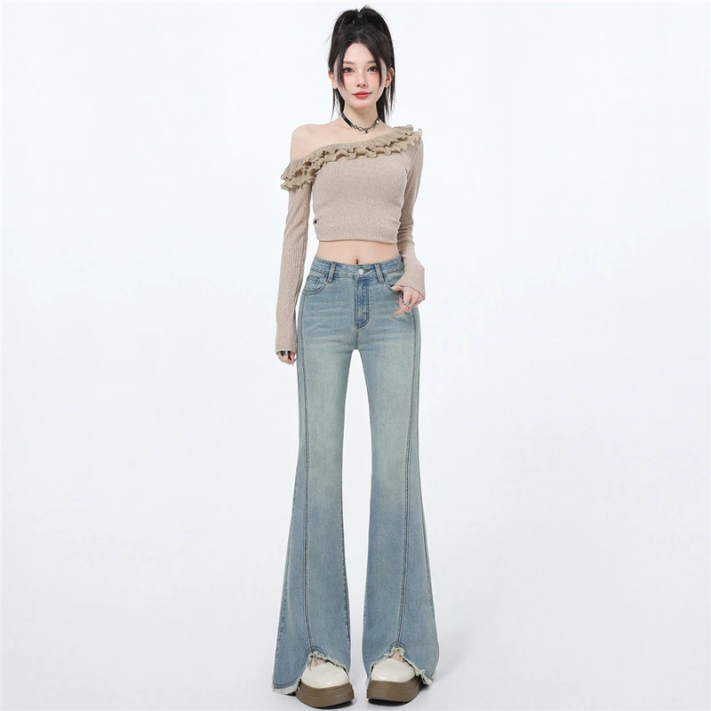 美式浅蓝微喇叭牛仔裤女2025年春季新款高腰修身显瘦设计感马蹄裤