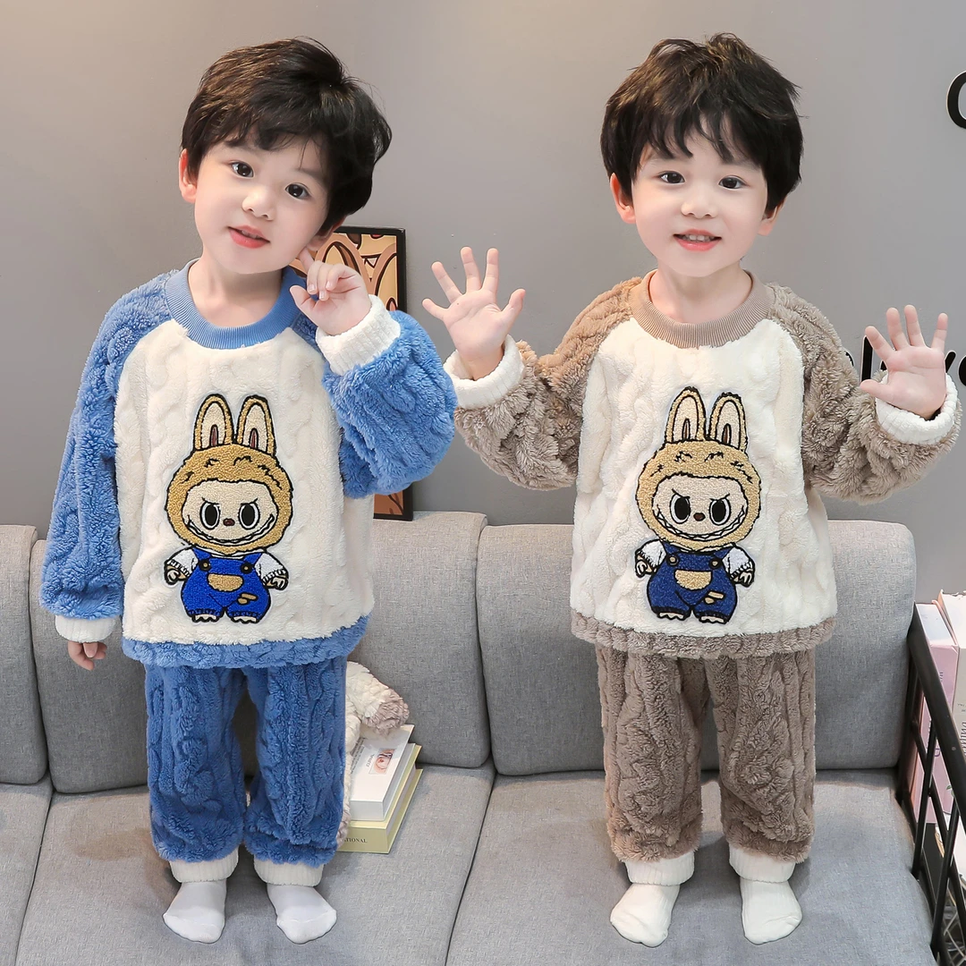 男童睡衣套装2025新款秋冬儿童珊瑚绒保暖卡通家居服男宝宝拉布布