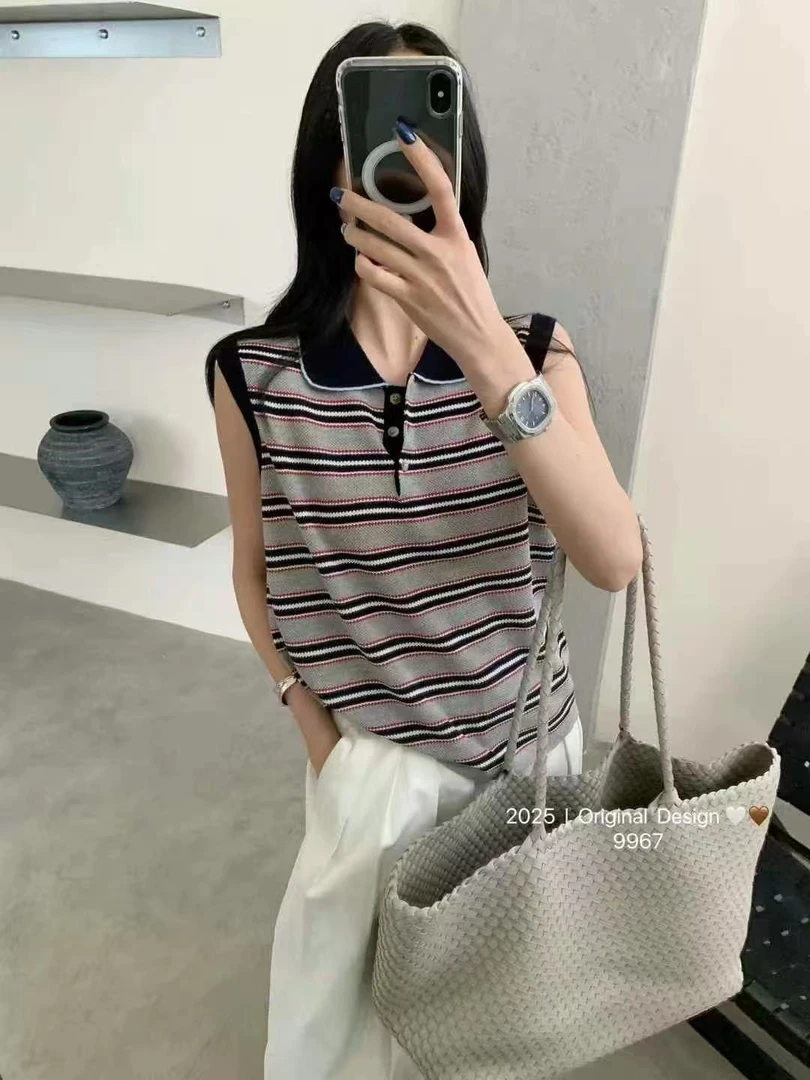 条纹POLO针织T恤气质短袖防晒夏季无袖休闲撞色拼色2713