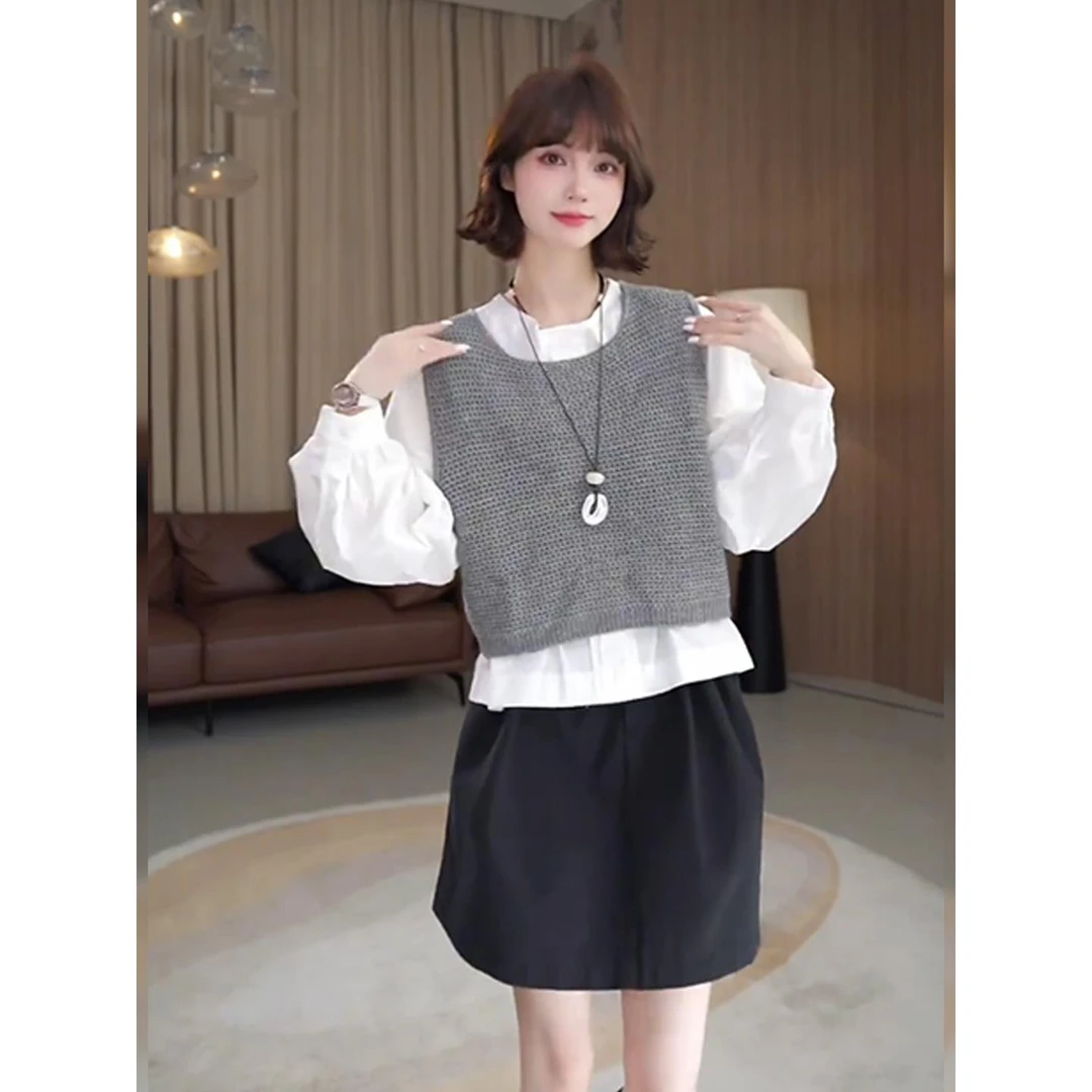 【薇薇绮】设计感圆领长袖衬衫搭针织马甲显瘦上衣两件套女法式气质
