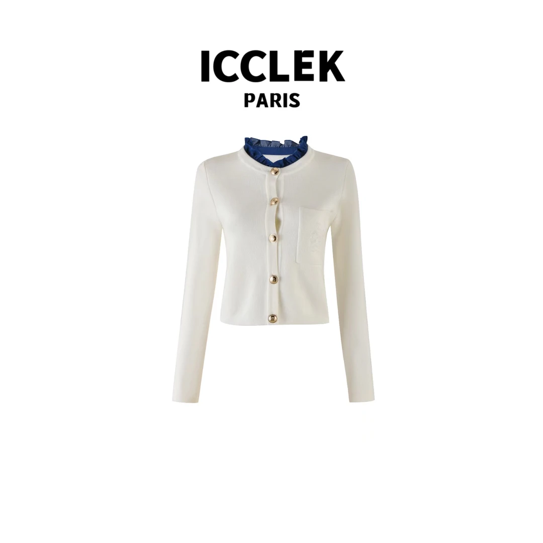 ICCLEK 白色荷叶领开襟长袖针织衫 气质 轻奢 名媛 -2673