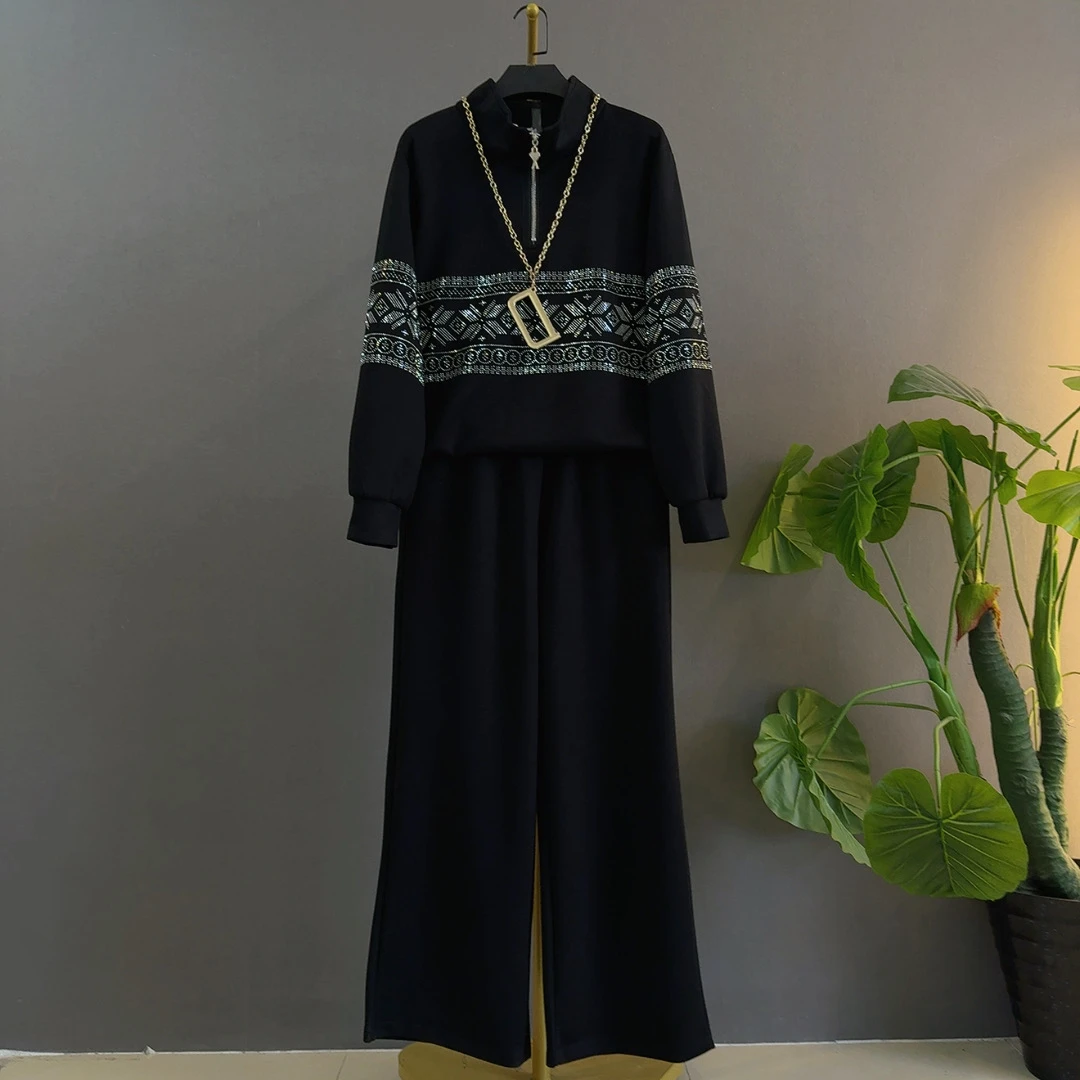 设计感重工烫钻连帽上衣阔腿裤秋季时尚大码宽松显瘦俩件套