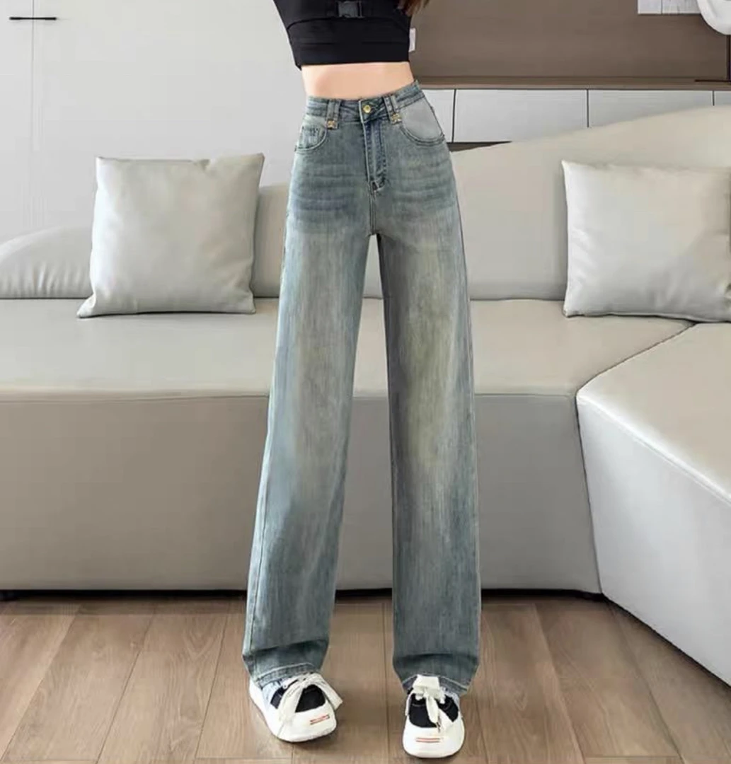 窄版阔腿牛仔裤女2025春装新款加长高个子宽松撞色拖地直筒长裤子