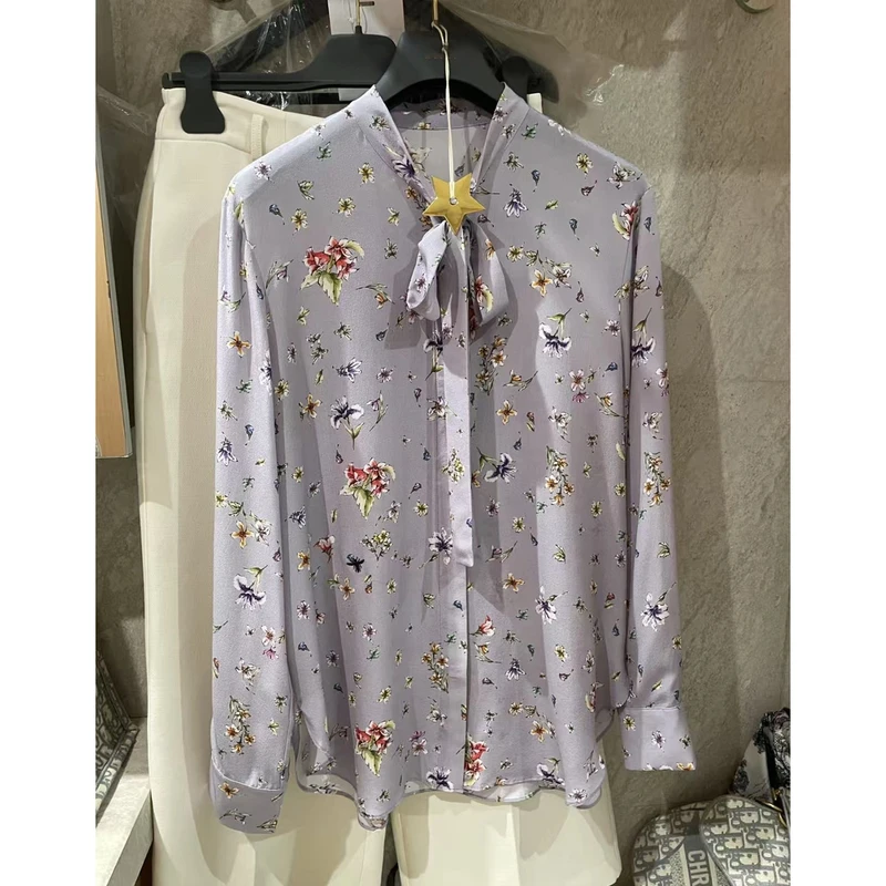 M1695 【库存勿动】紫花飘带薄款长袖衬衫 衣长70 款号VE1783