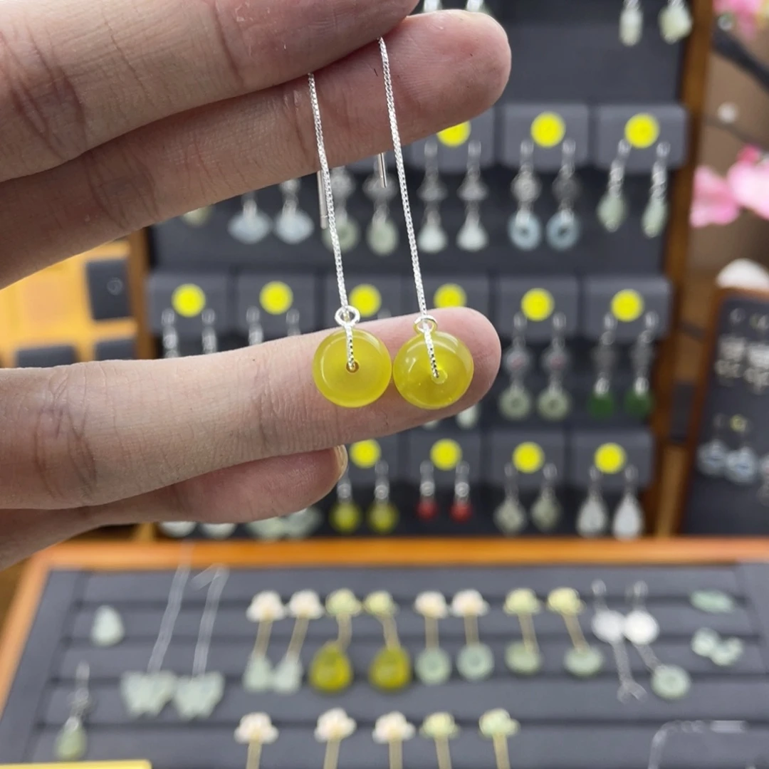 蛇纹石玉耳饰银S925镶嵌