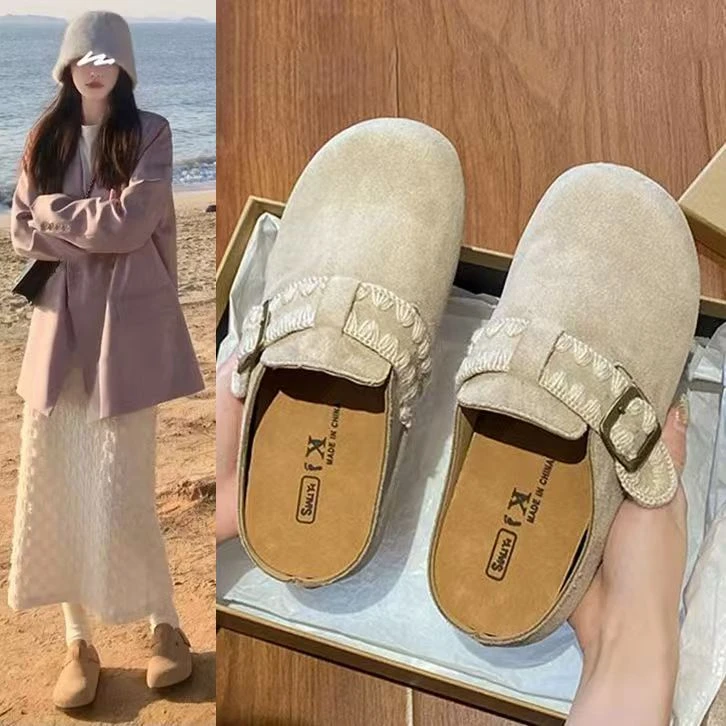 包头厚底一脚蹬勃肯鞋春季2025新款时尚懒人拖鞋小个子平底增高鞋