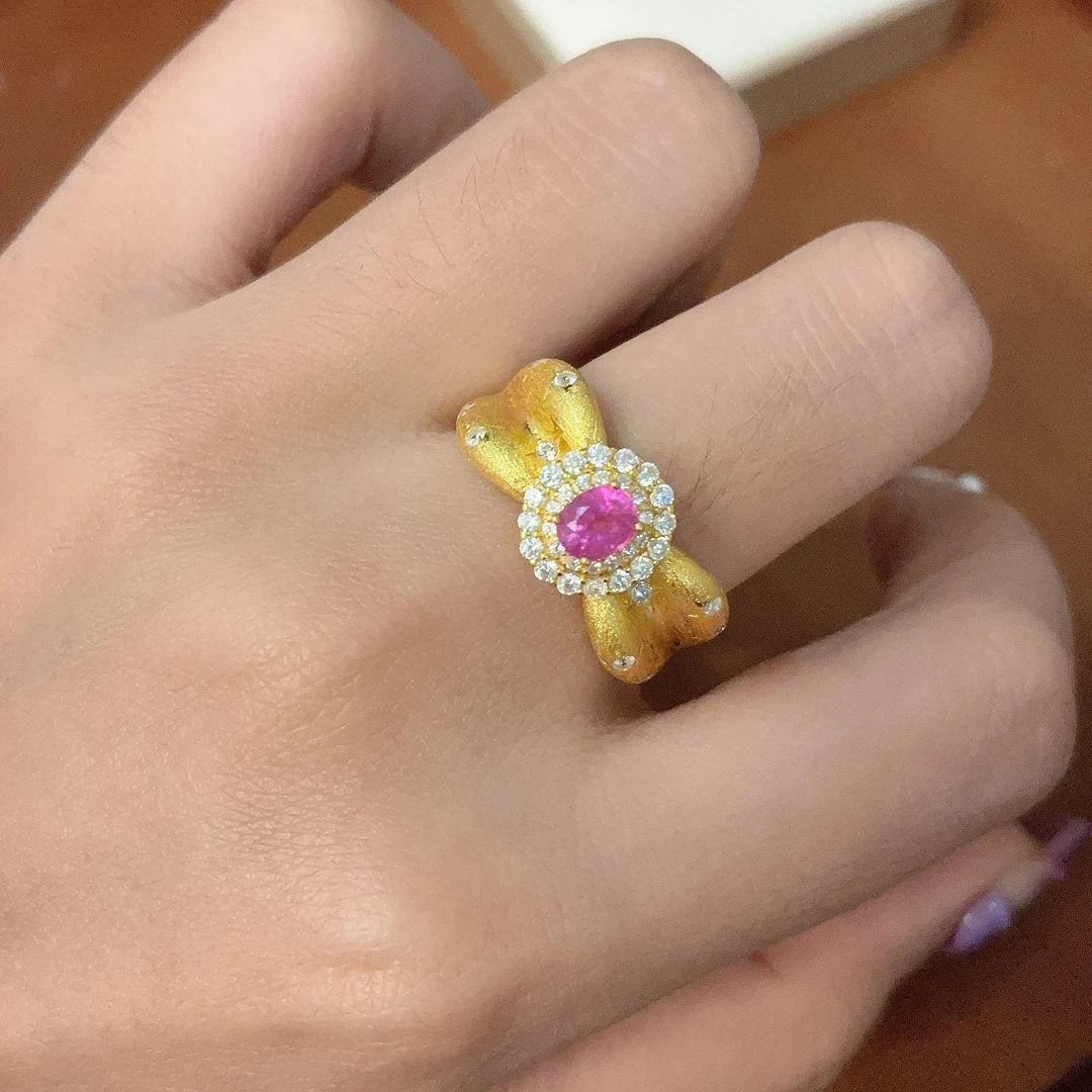 天然红宝石戒指粉莲花色蝴蝶结高贵奢华大气925银镶基地质检