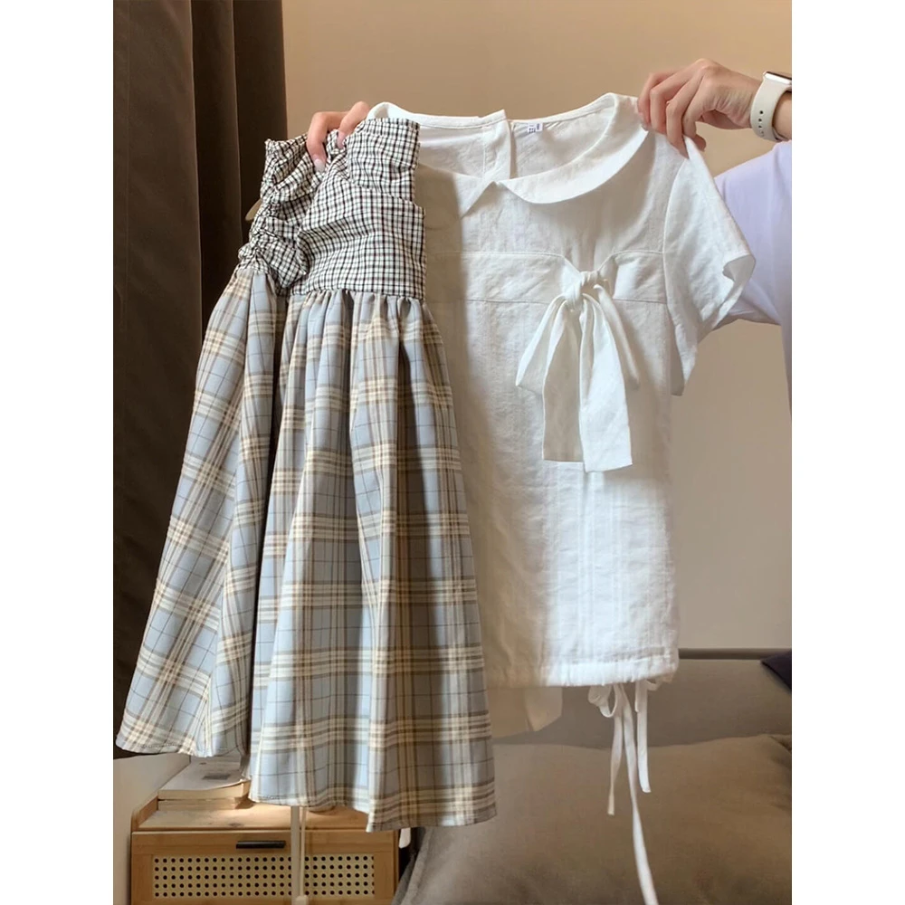 学院风白色蝴蝶结娃娃领T恤女装夏季绝美显瘦复古格子半身裙套装