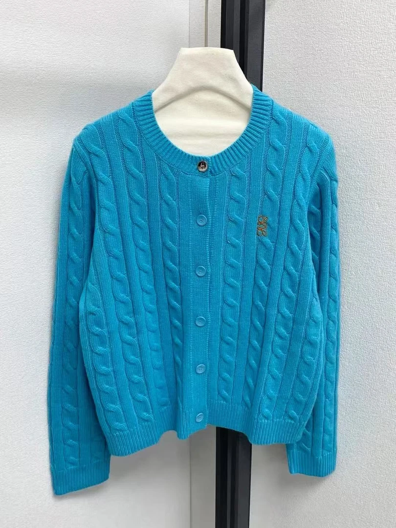 【罗家】圆领毛针织衫克莱因蓝麻花针织衫开衫提花女装时尚 0111