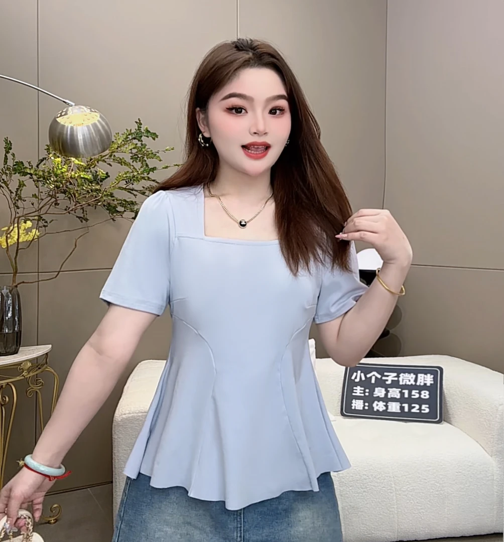 2025夏季新款韩系荷叶边下摆设计胖mm百搭遮肉显瘦方领上衣