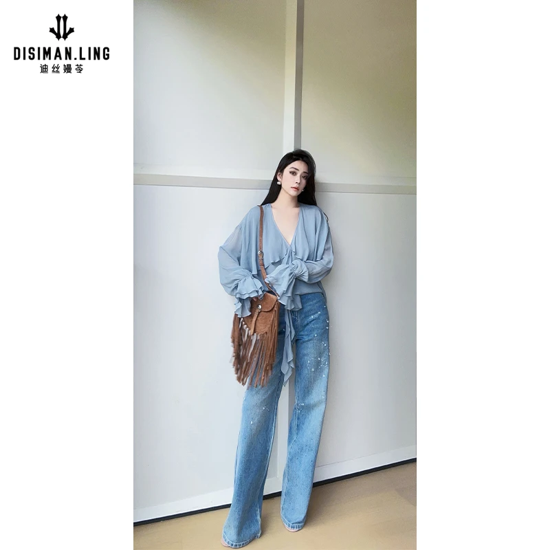 【迪丝嫚苓】蓝色100%棉牛仔裤显瘦高腰时尚休闲复古百搭宽松直筒感