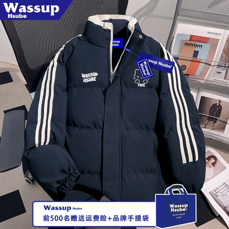 WASSUP HSUBE秋冬加厚防风外套三条杠藏青色猫咪印花棉服潮牌男款