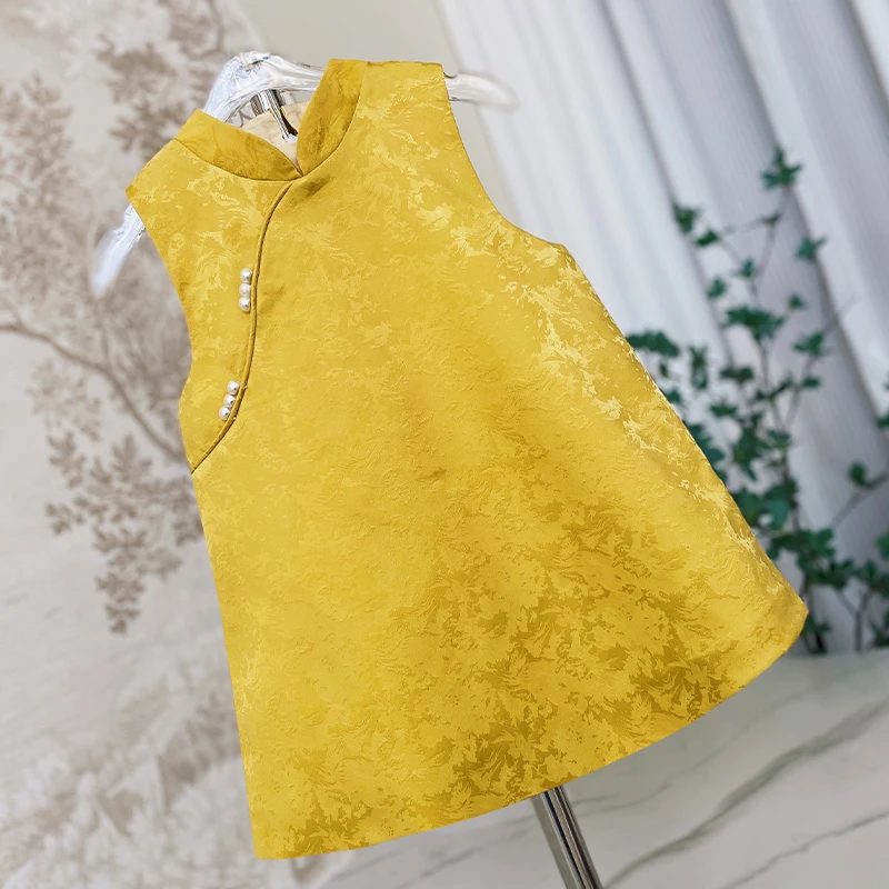 女宝宝夏季背心裙新中式婴幼儿黄色复古生日公主裙一岁抓周旗袍裙