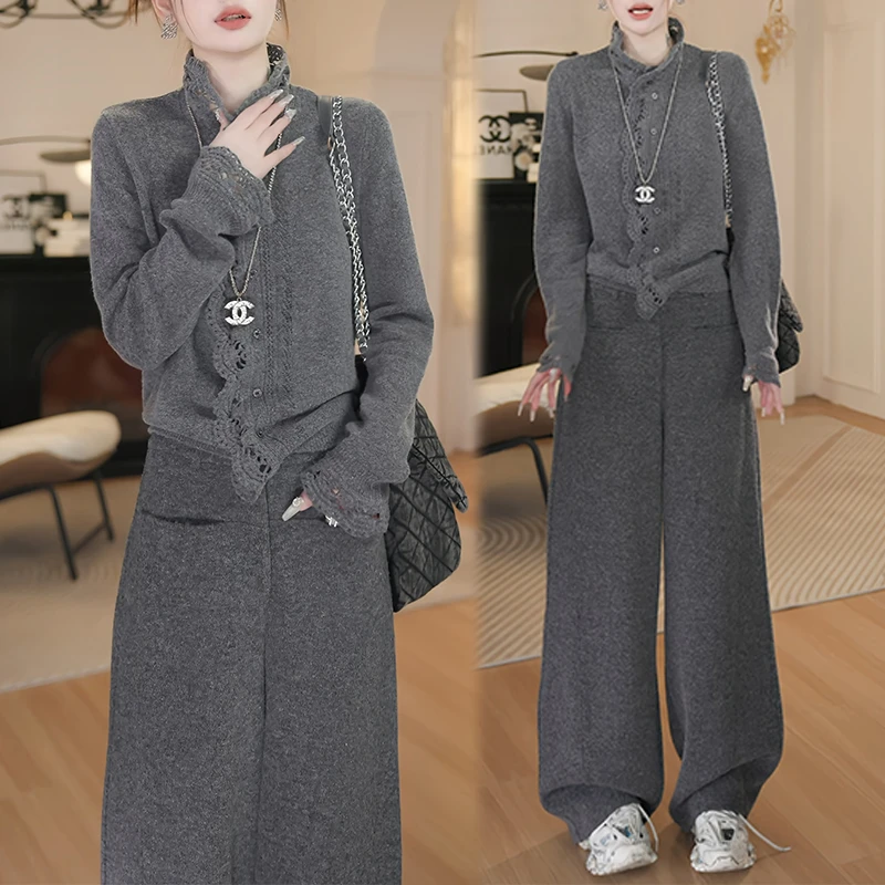 霖优【柏林余温】法式立领针织衫休闲裤两件套2025冬季新款减龄女装