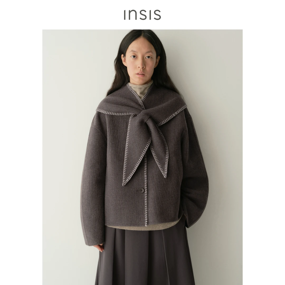 INSIS FEMME肌理感绵羊毛2025冬可脱卸兔耳三角巾双面呢短款大衣