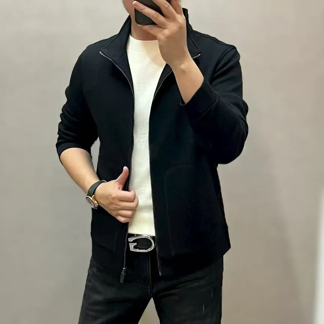 新款高端时尚男士老钱风立领纯色夹克外套2236