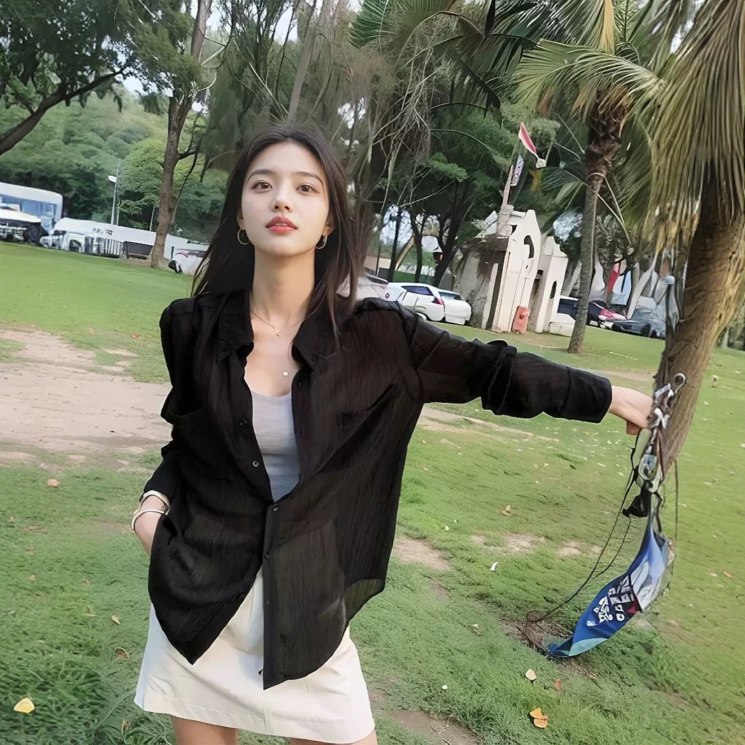 法式黑色防晒衬衫女夏季2025新款透气高级感宽松薄纱POLO衬衣上衣